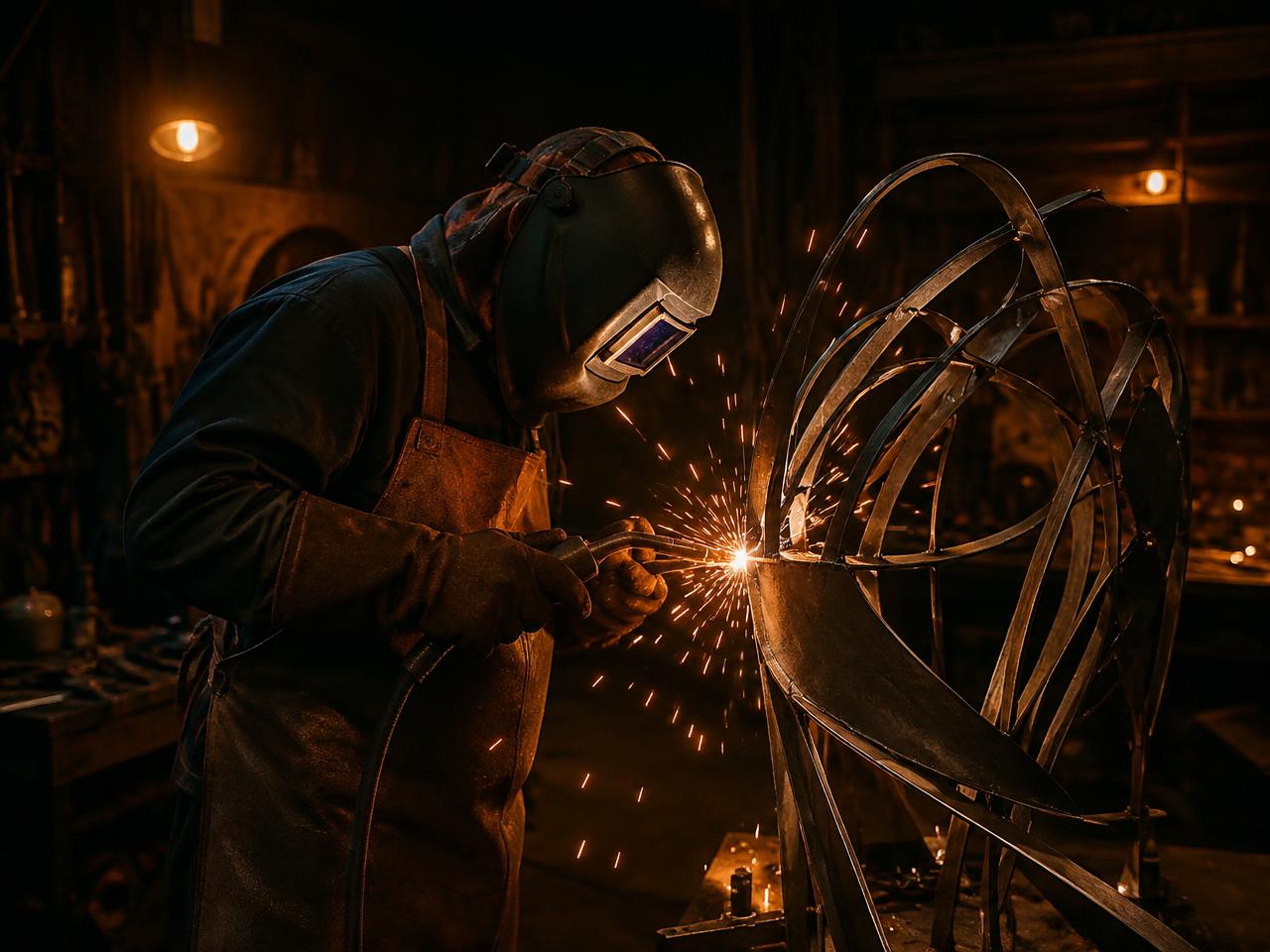 Svetsare i arbete i verkstaden (stämningsbild)